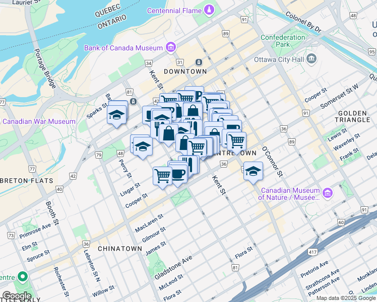 map of restaurants, bars, coffee shops, grocery stores, and more near 423 Lisgar Street in Ottawa