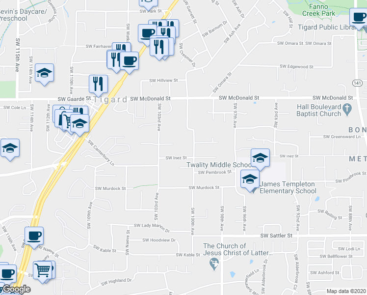 map of restaurants, bars, coffee shops, grocery stores, and more near 14445 Southwest 100th Avenue in Tigard