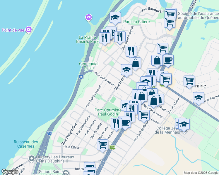 map of restaurants, bars, coffee shops, grocery stores, and more near 260 Rue Saint-Henri in La Prairie