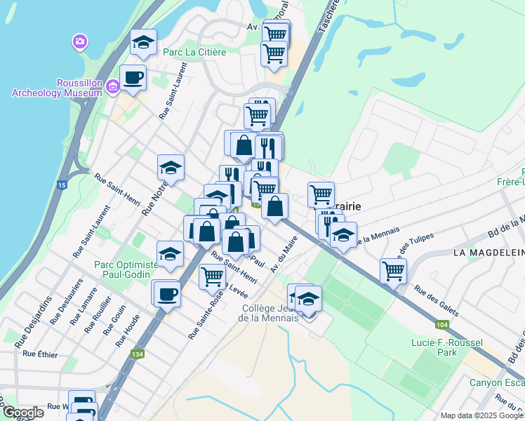 map of restaurants, bars, coffee shops, grocery stores, and more near 587 Rue Saint-Georges in La Prairie