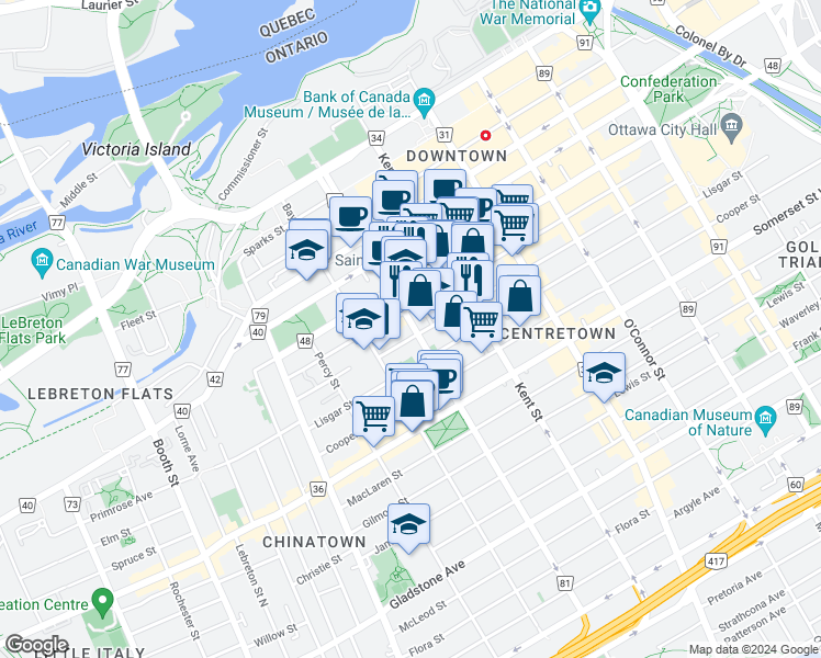 map of restaurants, bars, coffee shops, grocery stores, and more near 242 Lyon Street North in Ottawa