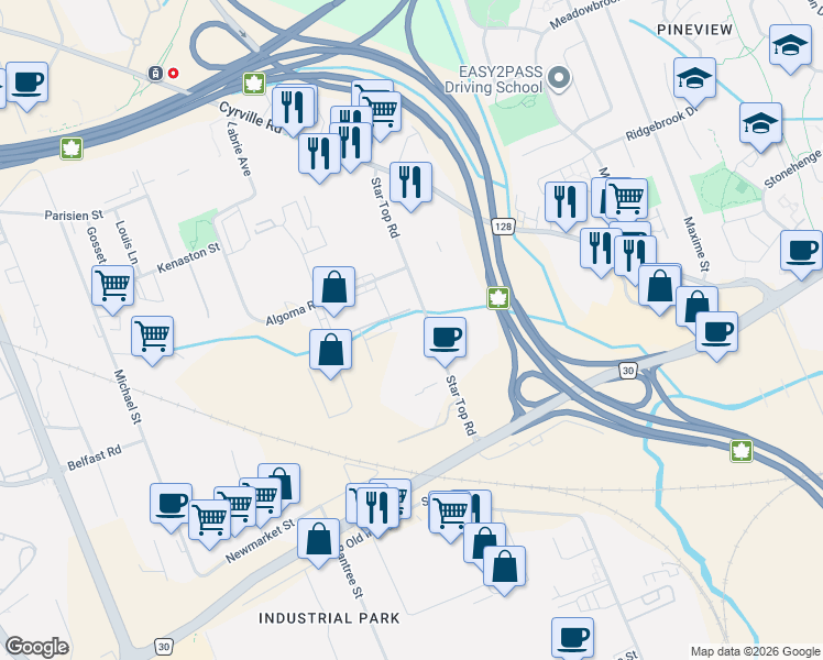 map of restaurants, bars, coffee shops, grocery stores, and more near 1528 Star Top Road in Ottawa