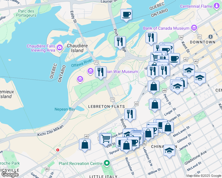 map of restaurants, bars, coffee shops, grocery stores, and more near Fleet Street in Ottawa