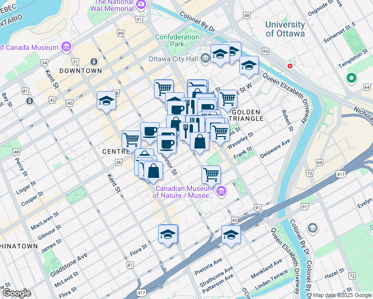 map of restaurants, bars, coffee shops, grocery stores, and more near in Ottawa