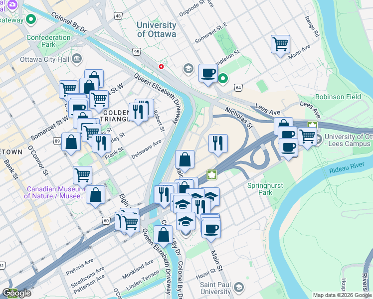 map of restaurants, bars, coffee shops, grocery stores, and more near in Ottawa