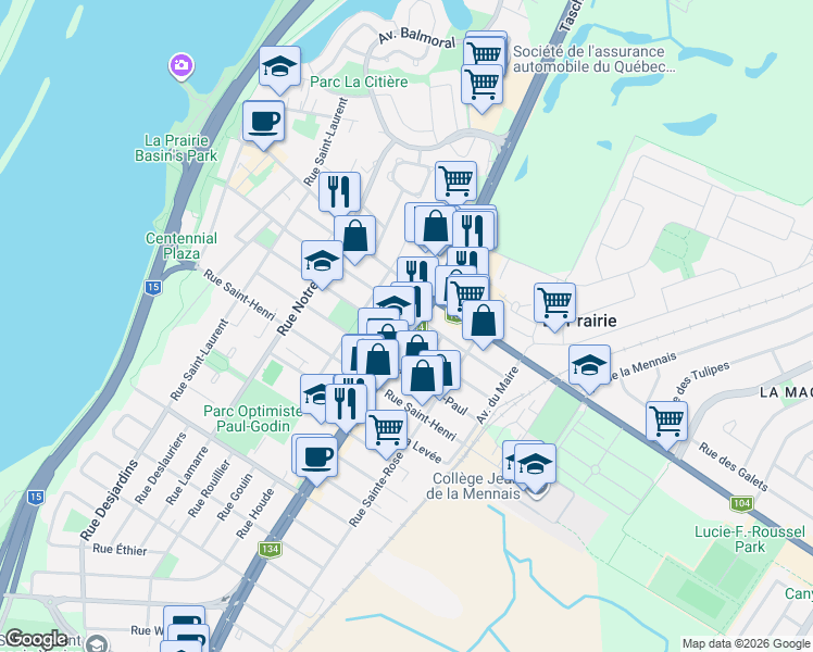 map of restaurants, bars, coffee shops, grocery stores, and more near 258 Boulevard Taschereau in La Prairie