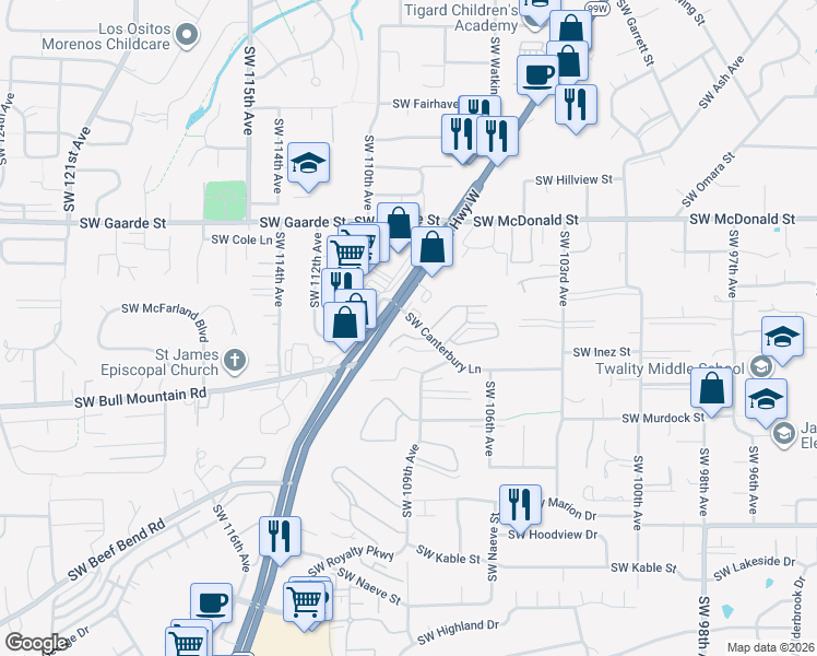 map of restaurants, bars, coffee shops, grocery stores, and more near 10890 Southwest Canterbury Lane in Portland