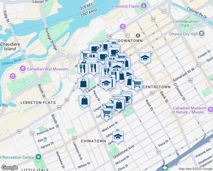 map of restaurants, bars, coffee shops, grocery stores, and more near 235 Bay Street in Ottawa
