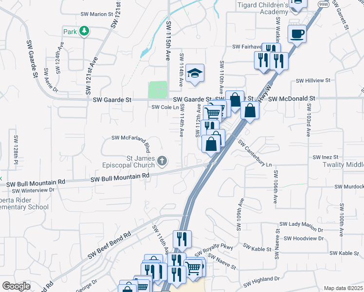map of restaurants, bars, coffee shops, grocery stores, and more near Southwest 114th Avenue in Tigard