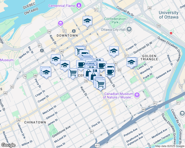 map of restaurants, bars, coffee shops, grocery stores, and more near in Ottawa