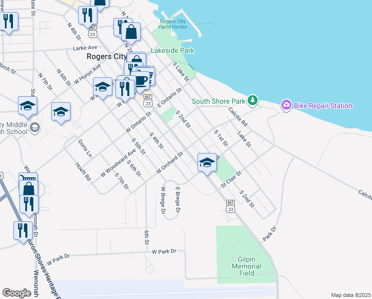 map of restaurants, bars, coffee shops, grocery stores, and more near 400 South 3rd Street in Rogers City