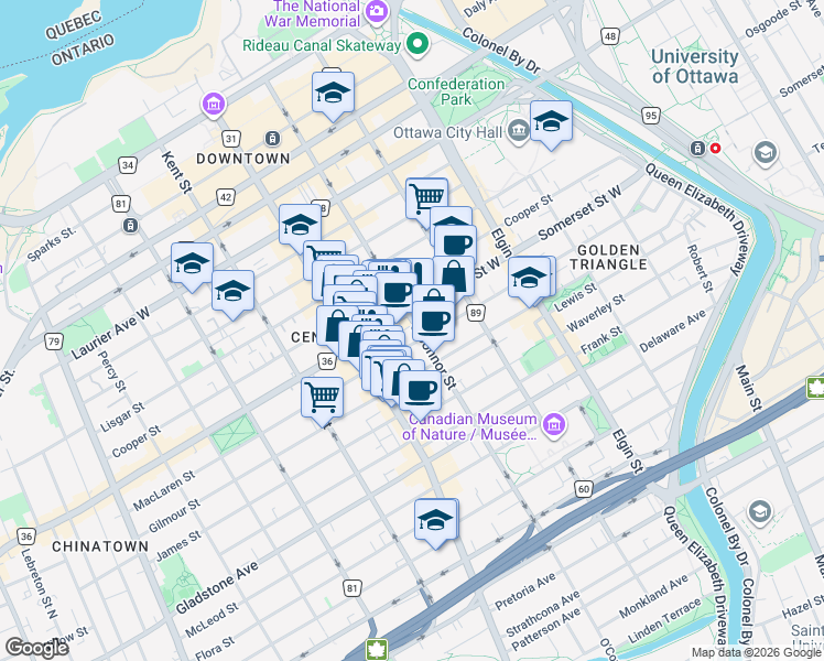 map of restaurants, bars, coffee shops, grocery stores, and more near 250 O'Connor Street in Ottawa