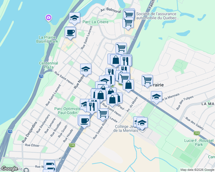 map of restaurants, bars, coffee shops, grocery stores, and more near 260 Boulevard Taschereau in La Prairie