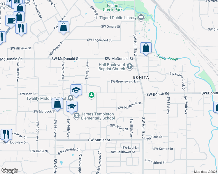 map of restaurants, bars, coffee shops, grocery stores, and more near 8933 Southwest Inez Street in Tigard