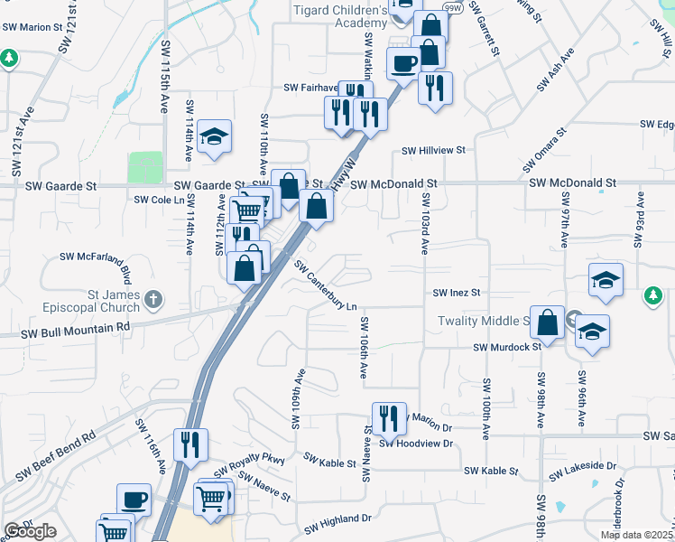 map of restaurants, bars, coffee shops, grocery stores, and more near 10743 Southwest Canterbury Lane in Tigard