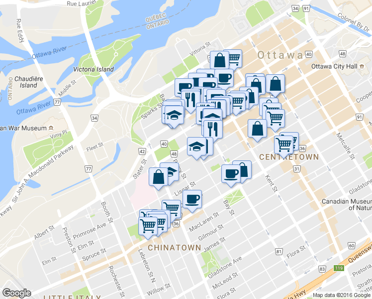 map of restaurants, bars, coffee shops, grocery stores, and more near in Ottawa