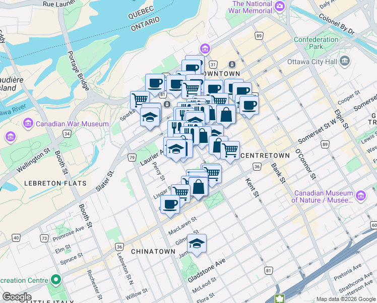 map of restaurants, bars, coffee shops, grocery stores, and more near 334 Gloucester Street in Ottawa