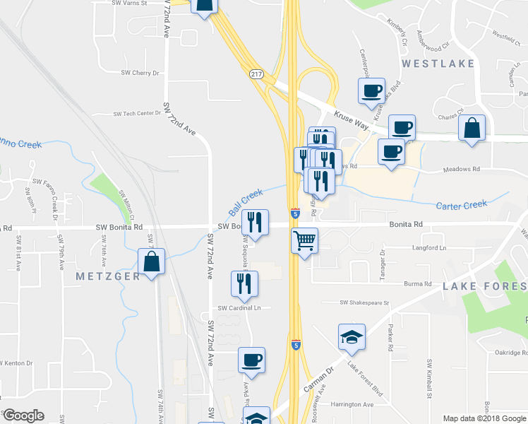 map of restaurants, bars, coffee shops, grocery stores, and more near 6777 SW Bonita Rd in Tigard