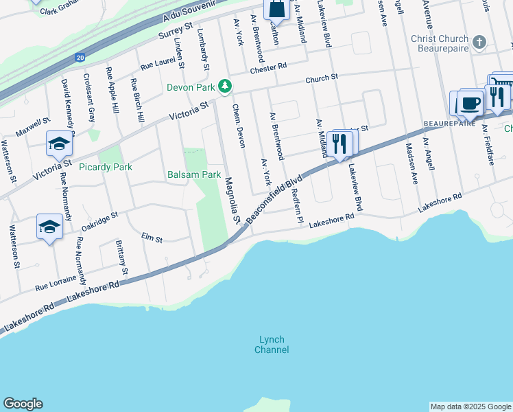 map of restaurants, bars, coffee shops, grocery stores, and more near 597 Boulevard Beaconsfield in Beaconsfield