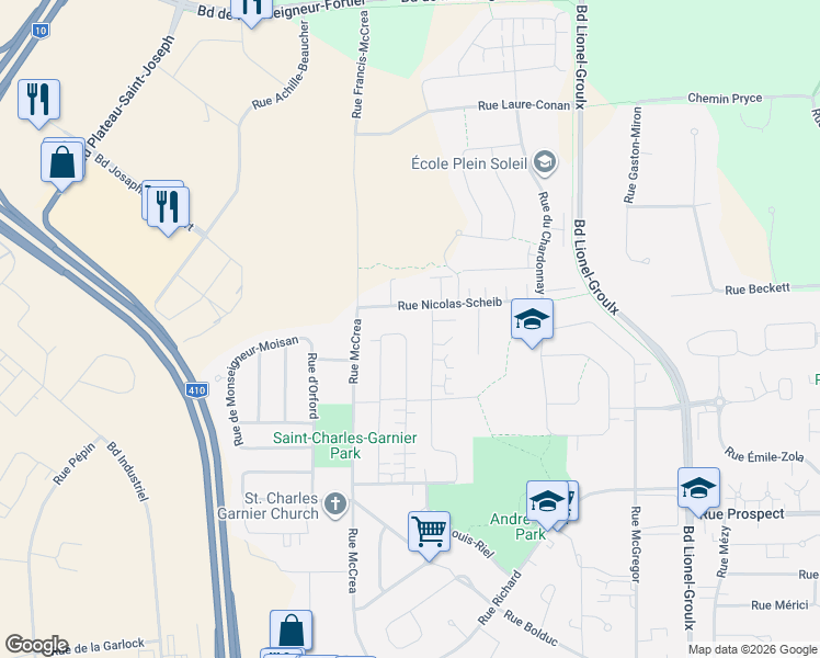 map of restaurants, bars, coffee shops, grocery stores, and more near 1140 Rue Victor-Dupuis in Sherbrooke