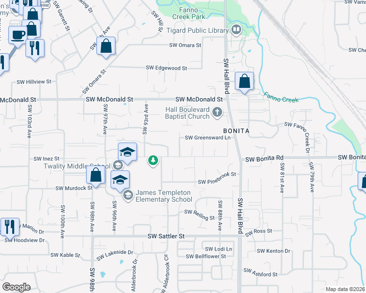 map of restaurants, bars, coffee shops, grocery stores, and more near 8933 Southwest Inez Street in Tigard