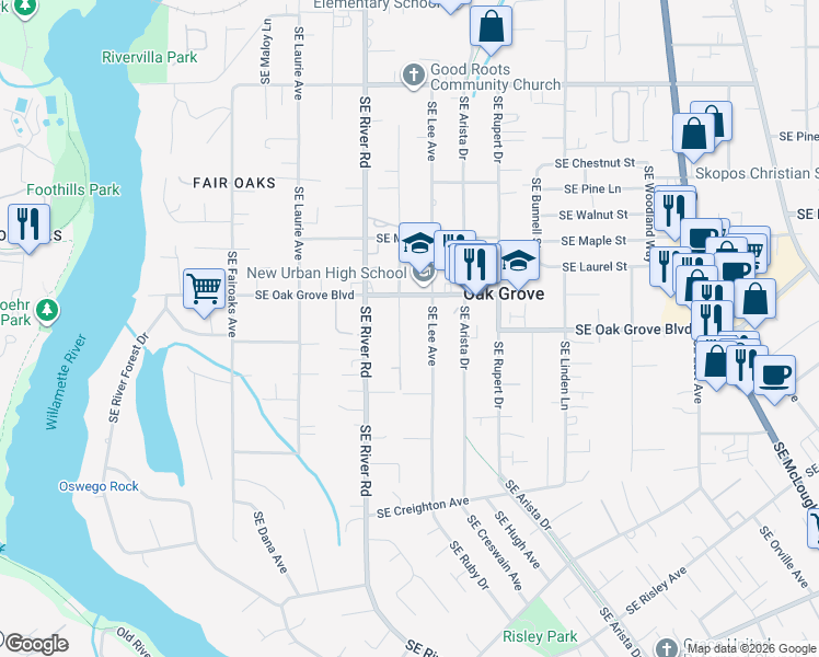 map of restaurants, bars, coffee shops, grocery stores, and more near 14832 Southeast Cedar Avenue in Milwaukie