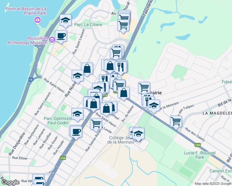 map of restaurants, bars, coffee shops, grocery stores, and more near 587 Rue Saint-Georges in La Prairie