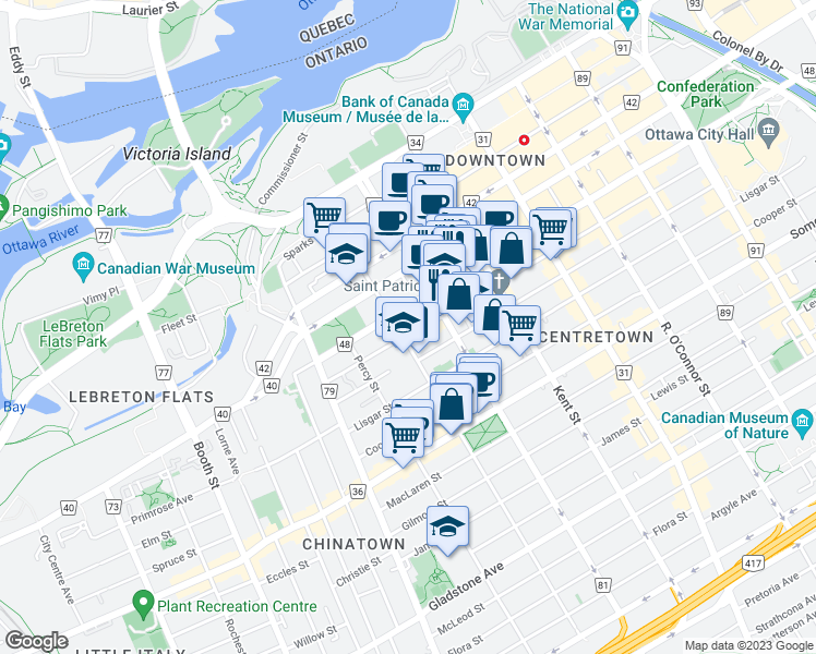 map of restaurants, bars, coffee shops, grocery stores, and more near 470 Laurier Avenue West in Ottawa