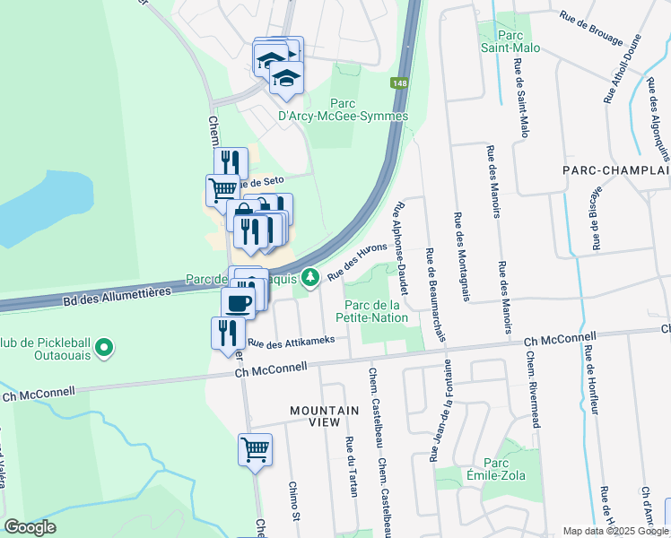 map of restaurants, bars, coffee shops, grocery stores, and more near 66 Rue des Hurons in Gatineau