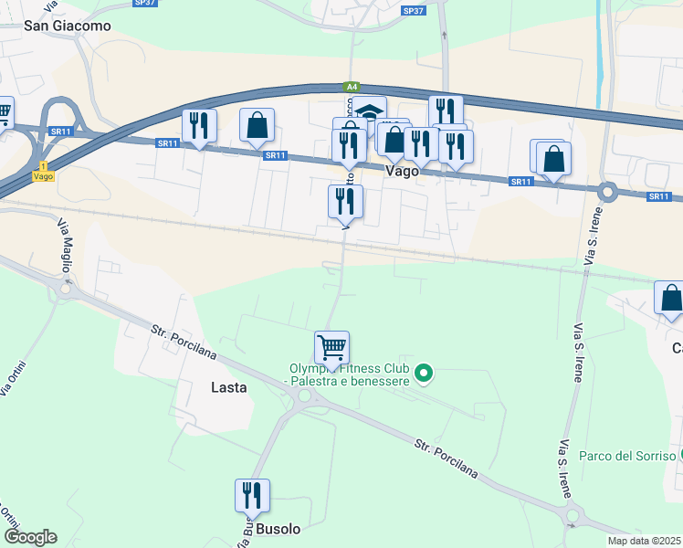 map of restaurants, bars, coffee shops, grocery stores, and more near 24 Via Vaghetto in Vago