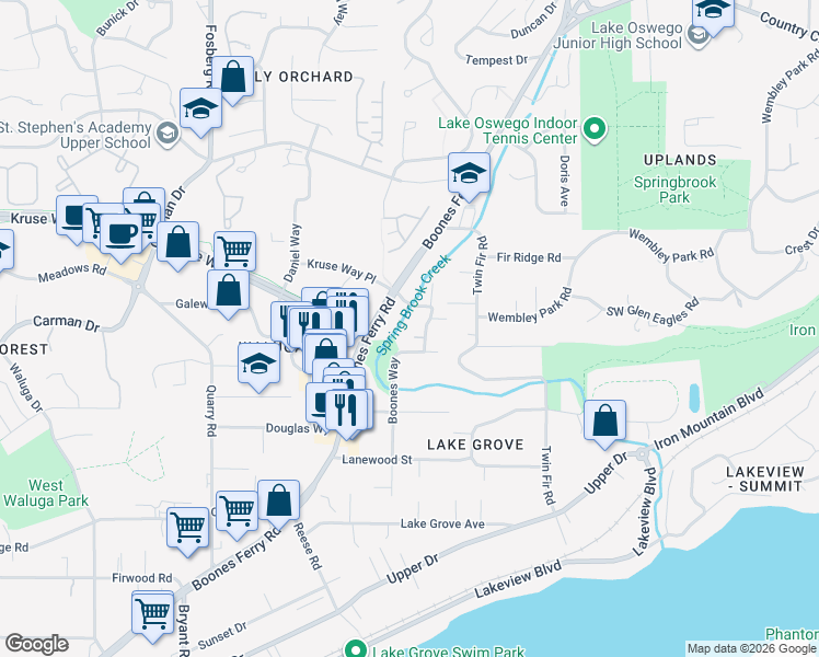 map of restaurants, bars, coffee shops, grocery stores, and more near 3656 Spring Lane in Lake Oswego