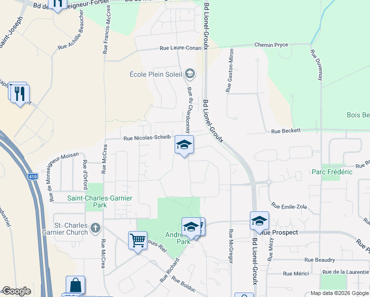 map of restaurants, bars, coffee shops, grocery stores, and more near Rue du Chardonnay in Sherbrooke