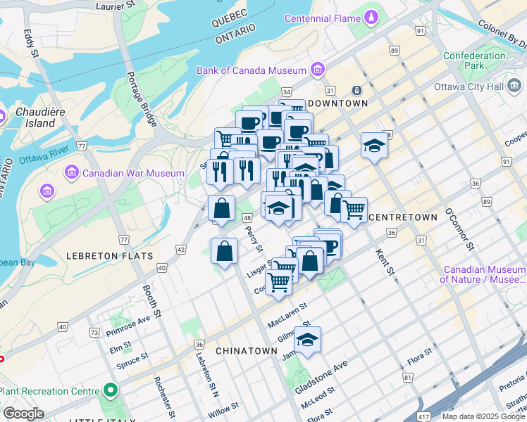 map of restaurants, bars, coffee shops, grocery stores, and more near 500 Laurier Avenue West in Ottawa