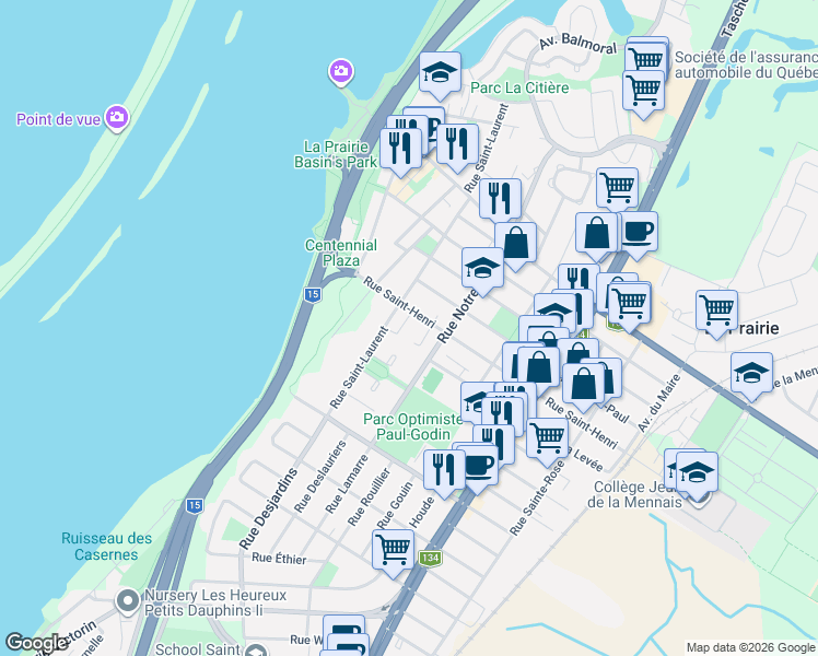 map of restaurants, bars, coffee shops, grocery stores, and more near 230 Rue Saint-Henri in La Prairie