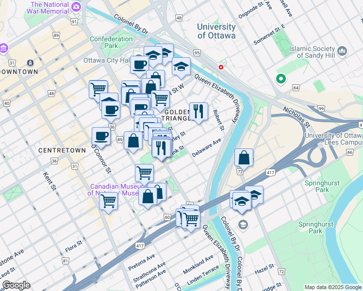 map of restaurants, bars, coffee shops, grocery stores, and more near 143 Frank Street in Ottawa