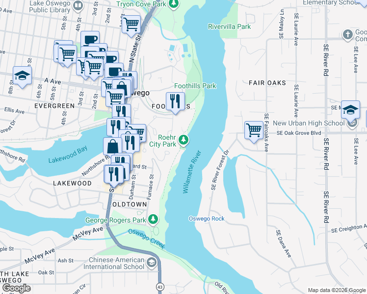 map of restaurants, bars, coffee shops, grocery stores, and more near 350 Oswego Pointe Drive in Lake Oswego