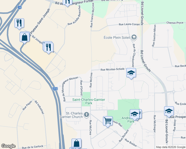 map of restaurants, bars, coffee shops, grocery stores, and more near 1196 Rue McCrea in Sherbrooke