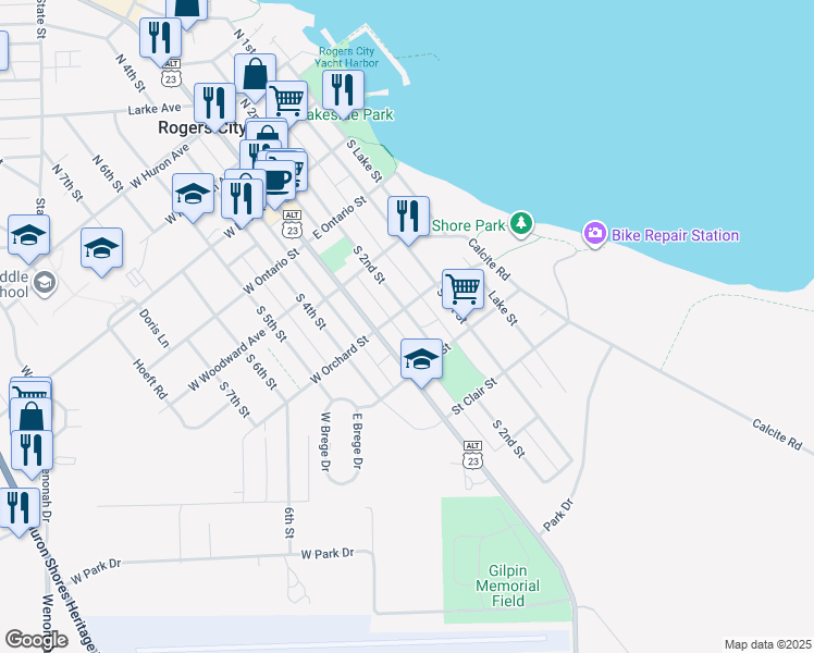 map of restaurants, bars, coffee shops, grocery stores, and more near 400-498 South 3rd Street in Rogers City