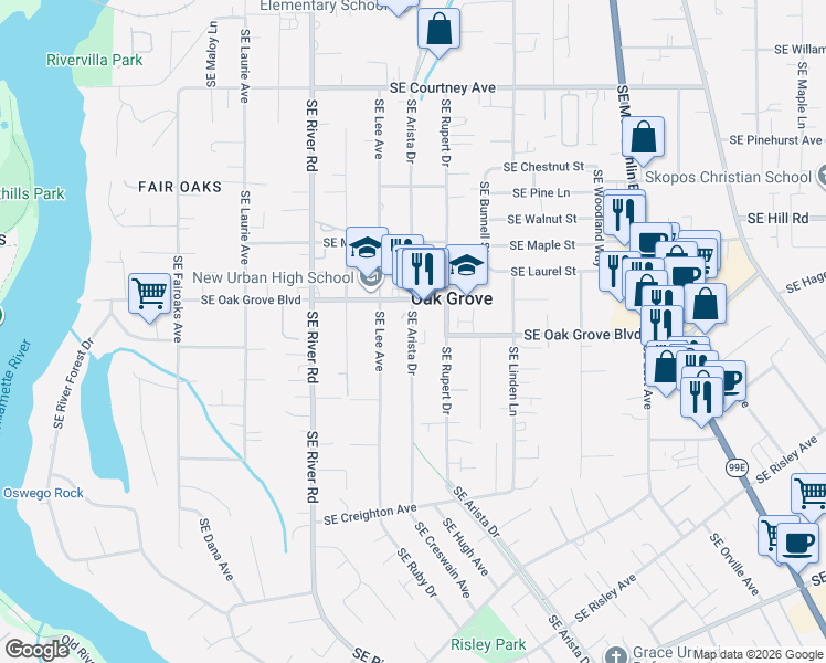 map of restaurants, bars, coffee shops, grocery stores, and more near 14856 Southeast Arista Drive in Milwaukie
