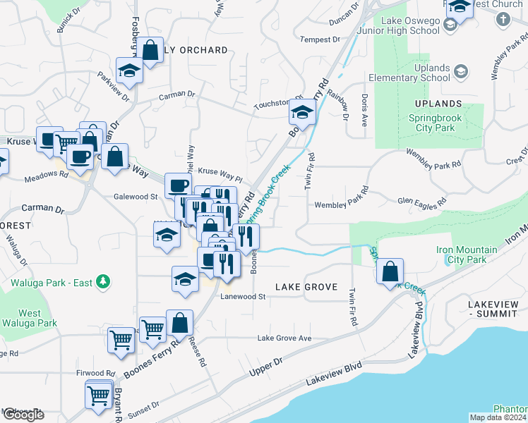 map of restaurants, bars, coffee shops, grocery stores, and more near 3656 Spring Lane in Lake Oswego