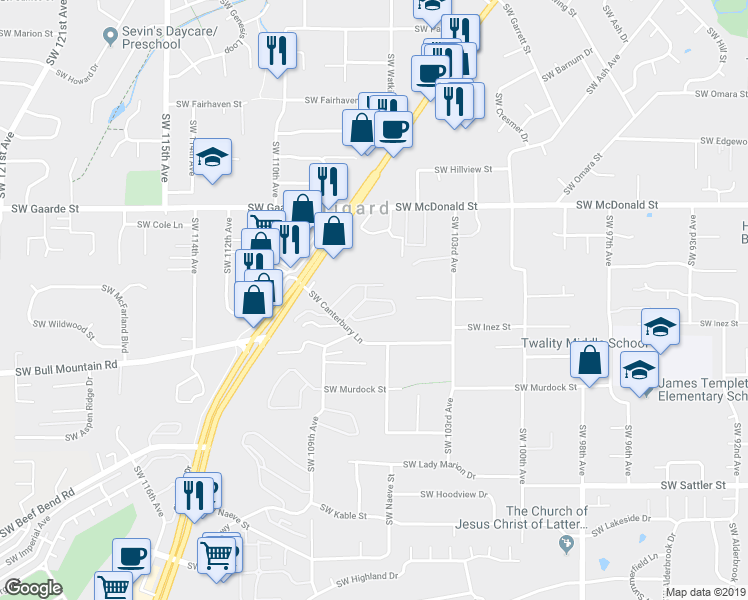 map of restaurants, bars, coffee shops, grocery stores, and more near 10743 Southwest Canterbury Lane in Tigard