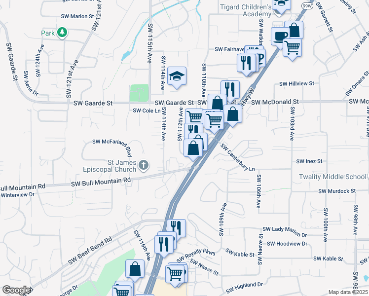 map of restaurants, bars, coffee shops, grocery stores, and more near in Tigard