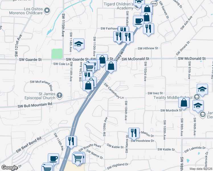 map of restaurants, bars, coffee shops, grocery stores, and more near 10880 Southwest Canterbury Lane in Tigard