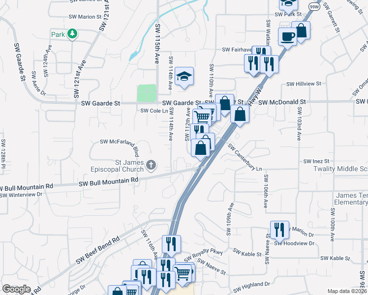 map of restaurants, bars, coffee shops, grocery stores, and more near 14315 Southwest 112th Avenue in Tigard