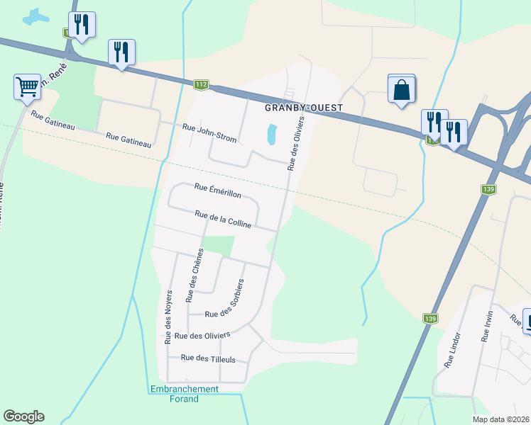 map of restaurants, bars, coffee shops, grocery stores, and more near 1199 Rue de l'Émérillon in Granby