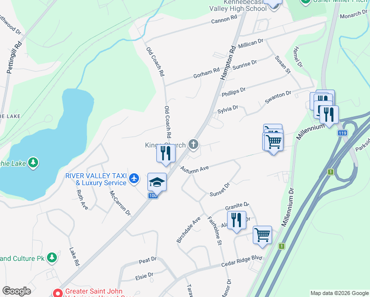 map of restaurants, bars, coffee shops, grocery stores, and more near 324 Hampton Road in Quispamsis