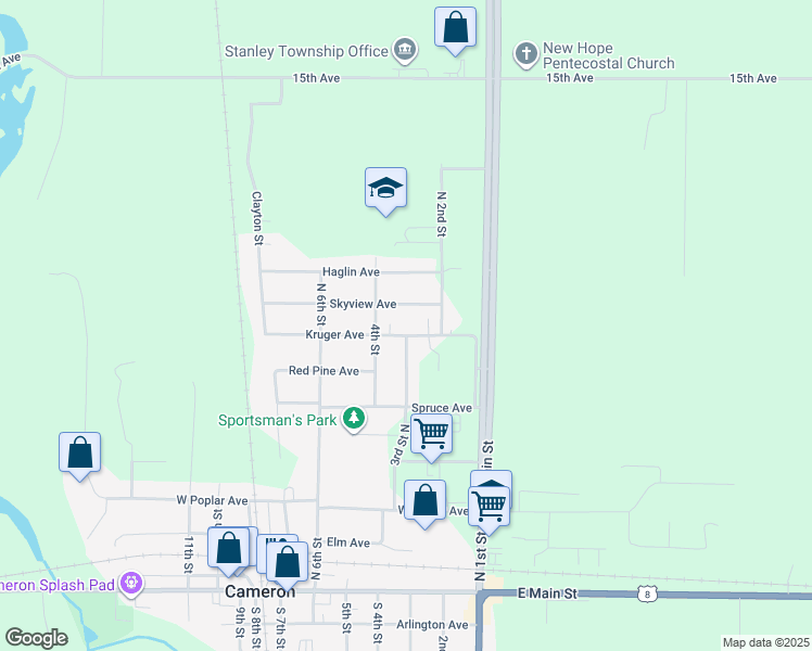 map of restaurants, bars, coffee shops, grocery stores, and more near 615 3rd Street North in Cameron