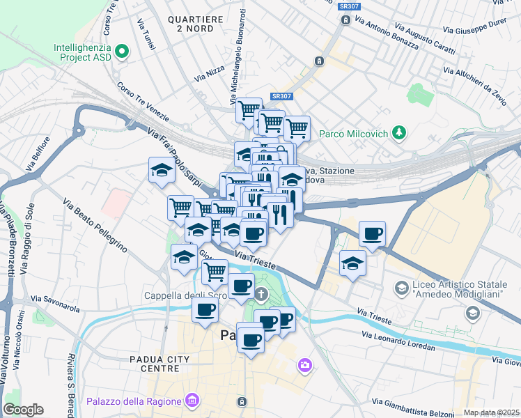 map of restaurants, bars, coffee shops, grocery stores, and more near 8 Via Niccolò Tommaseo in Padova