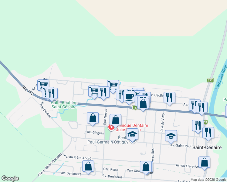 map of restaurants, bars, coffee shops, grocery stores, and more near 1252 Avenue Cécile in Saint-Césaire