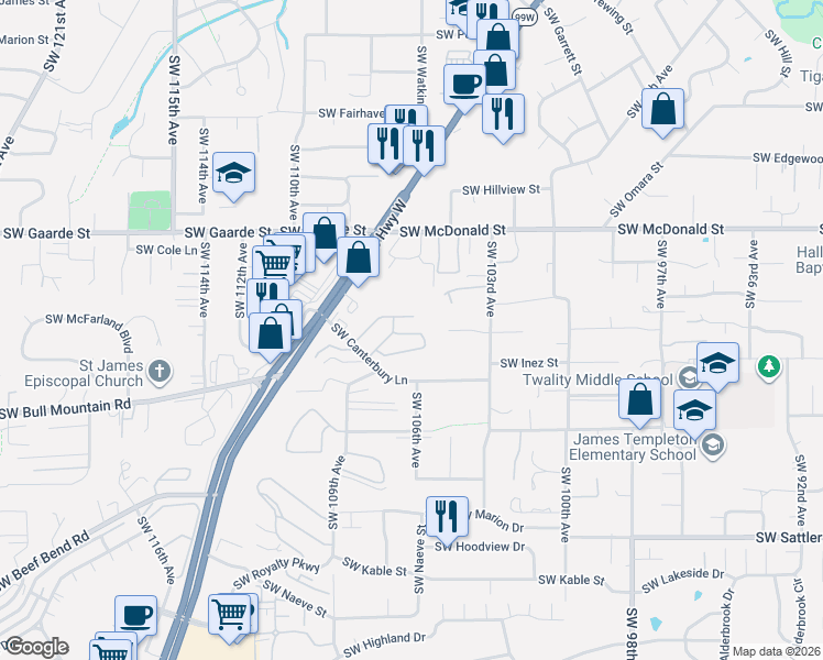 map of restaurants, bars, coffee shops, grocery stores, and more near 10769 Southwest Canterbury Lane in Tigard